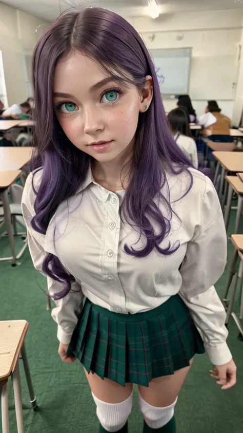 a young girl, big green eyes, round face, small nose, big lips, long purple hair, long eyelashes, pale skin, red cheeks, split chin, Green plaid skirt, long-sleeved white blouse, high socks, school shoes, in class room, in school, more students in class ro...