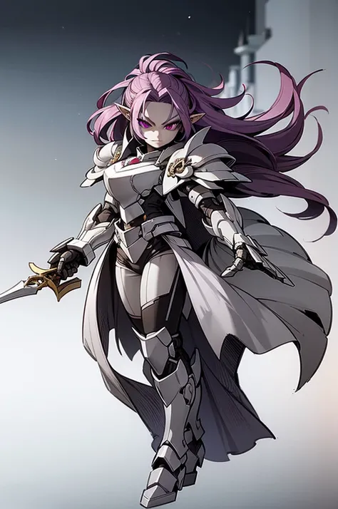 female elf knight, full body art, purple hair, white skin, red iris eye, knight full plate adorned armor, silver cape, perfectly detailed