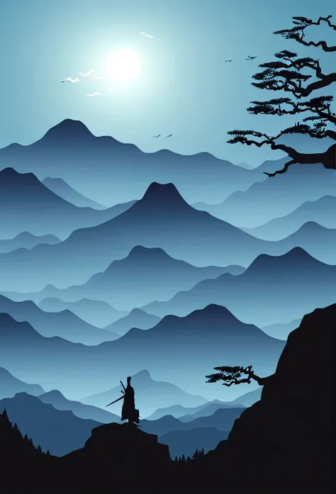 silhouette of a samurai on top of a winding mountain, night environment blue tones. vector style