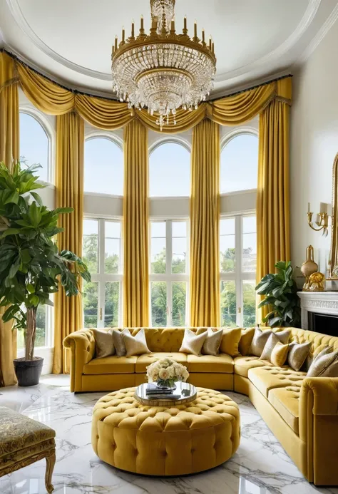 Luxurious living room with opulent gold and mustard décor, featuring a large crystal chandelier, ornate gold fixtures, and a tufted circular ottoman. Large sectional sofa with matching throw pillows surrounds a round marble coffee table. Floor-to-ceiling w...