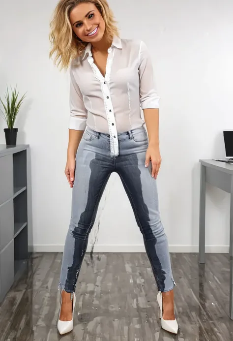 ((permed hair)), attractive blonde woman wearing skinny jeans, ((platform pumps)), white blouse, standing in an office,  wetting, big smile, pee stains are gleaming wet, ((permed hair))