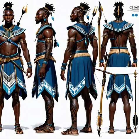 character reference sheet {realistic character design sheet of a black man with blue tribal african warrior clothes holding a sw...