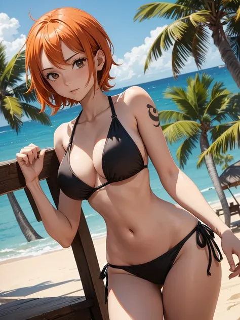 Nami from one-piece, 1women, wearing a sexy black colour bikini, at beach, orange colour short hair, 8k, high detailed, high quality
