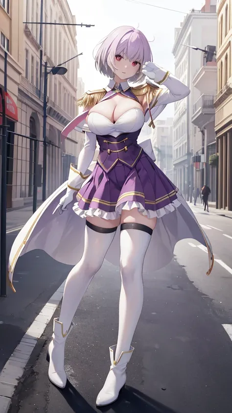 (full body),masterpiece, Highest quality, High resolution, male, short hair, Hello, Red eyes, Large Breasts, Cleavage, Epaulettes, White gloves, Elbow hand pockets, Purple Skirt, Knee socks, Cowboy Shot, (Pose in front)，Straight, street，Low - Angle，Downから，...