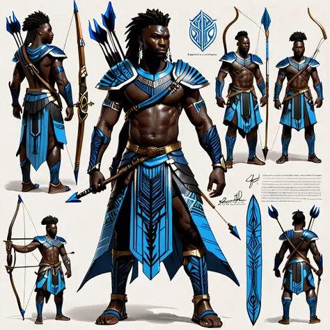 character reference sheet {Realistic character design sheet of a Black man with blue tribal african warrior clothes holding a sword and bow and arrow, multiple views including front, side, back and 3/4, afrofuturism, ultra quality, higly detailed, african ...