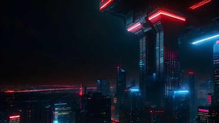 (Tech Black, dystopia:1.2), Overcrowded cities, skyscraper, neon lights blue and red, captivating beauty, masterpiece, highest quality, realistic digital art, detailed background, 8k wallpaper