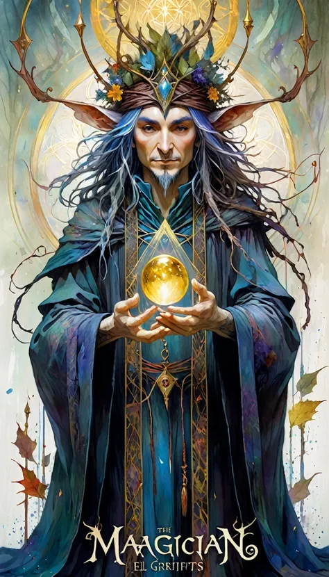 tarot card, the magician, ((text on card: "EL MAGO"))artwork by Brian Froud and Carne Griffiths and Wadim Kashin, intricate details, oil
