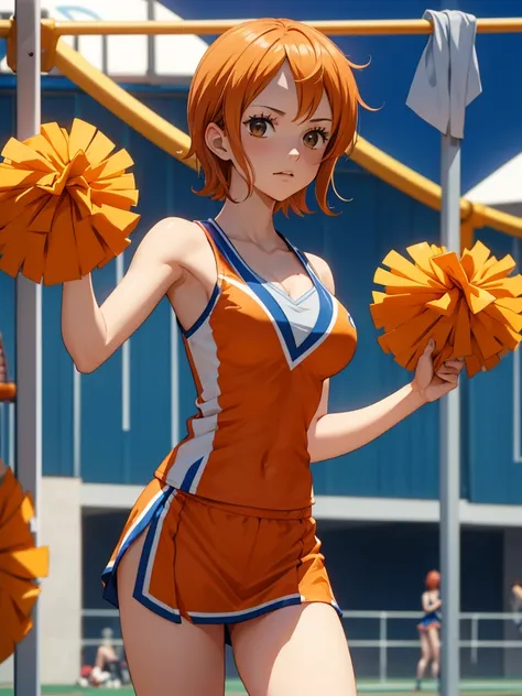 nami from one-piece, 1women, as a cheerleader, wearing cheerleading outfit, at a playground , orange colour short hair, 8k, high...