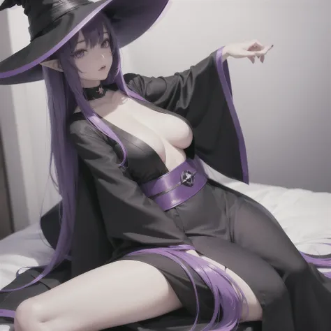 anime girl long purple hair wearing a black Robe. she has pointy ears. Witch Hat. Manga kawaii. iridescent ,An illustration, Sit on the sofa, (no background)