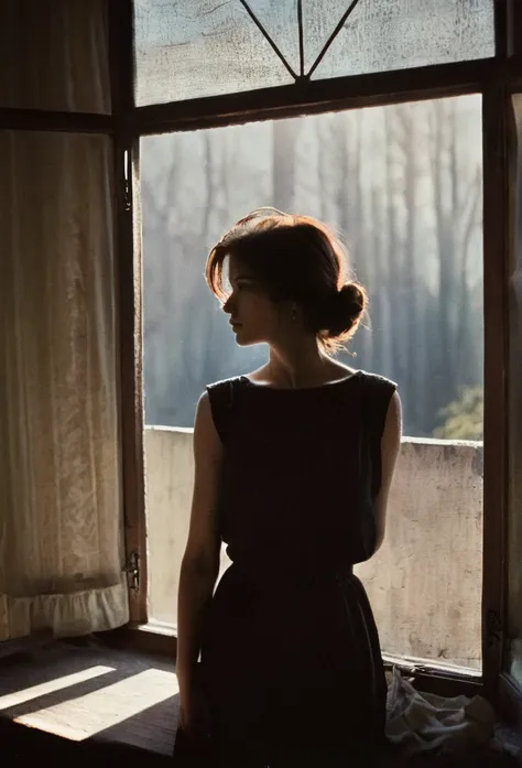 analog color film photograph of a woman in silhouette is standing in front of a window, in the style of romantic soft focus and ethereal light, she is looking directly at the camera, sunrays shine upon her, old paned window, dark moody, natural light, mute...