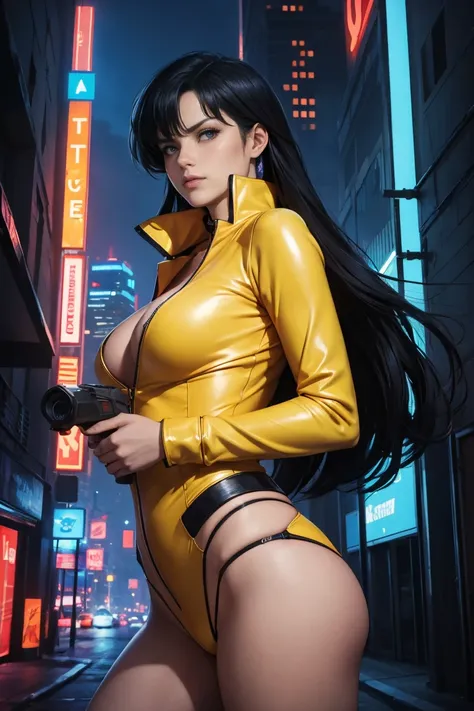 (best quality,ultra-detailed,portrait:1.2),vibrant colors,Yuri from The Dirty Pair,fierce expression,beautiful detailed eyes,arrogant smile,black hair,tight small yellow leather suit with red trim,standing in a futuristic city,holding a high-tech laser gun...