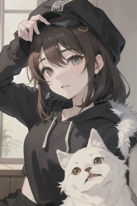 Brown Hair、Wolf Hair、The eyes are large、Long eyeliner、I like Shiba Inu, cats, and games.、The outfit is a grey hoodie and grey cap.longhair。