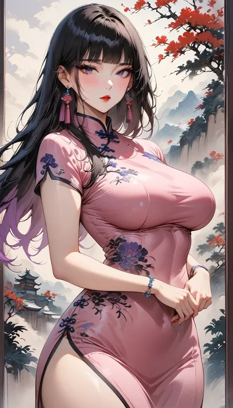 (Masterpiece, Best Quality: 1.3), 1girl, (Conservatively Dressed: 1.8), pink-purple cheongsam, pink-purple qipao, (Mature: 1.4), Cold Eyes, Gorgeous Accessories, very aesthetic, national painting, Clothing ink painting style, gradient hair, blunt bangs, bl...