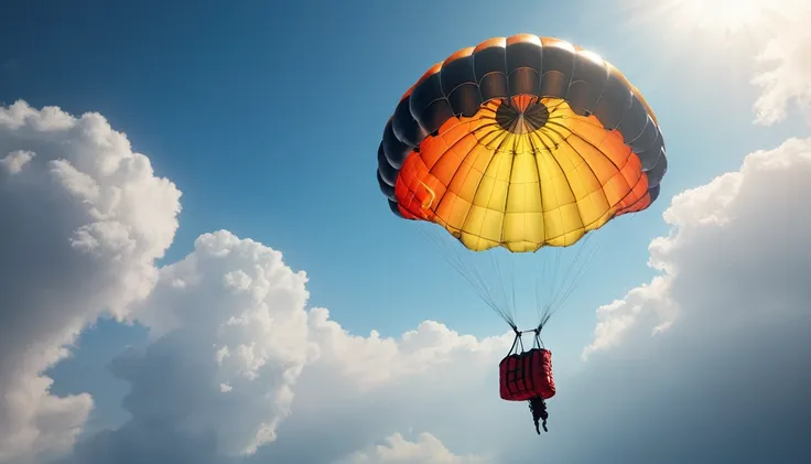 a single parachute, isolated, detailed parachute, photorealistic, cinematic lighting, high definition, dramatic composition, serene atmosphere, floating in the sky, sunlight streaming through, detailed textures, realistic shadows, vibrant colors, realistic...