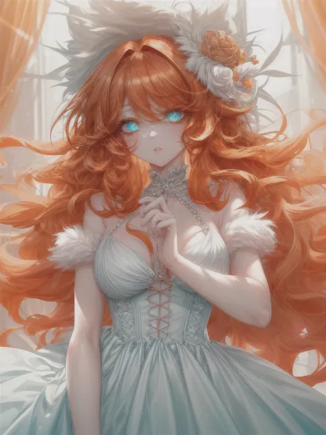 super verbose、highest quallity、soft lighting、HD 4k、 a beautiful girl、beautiful fur、long curly orange hair、Messy hair、disordered hair、orange eyelashes、diamond eyes、turquoise eyes、Beautiful  eyes、 lips、bright and low-cut white dress、spectacular view