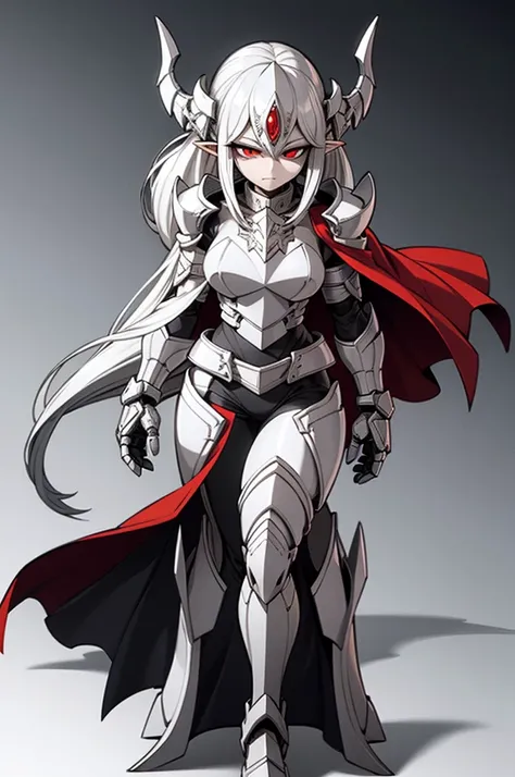 female elf knight, full body art, silver hair, white skin, red iris eye, knight full plate adorned armor, silver cape, perfectly detailed