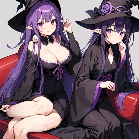 anime girl long purple hair wearing a black Robe. she has pointy ears. Witch Hat. Manga kawaii. iridescent ,An illustration, Sit on the sofa, (no background)