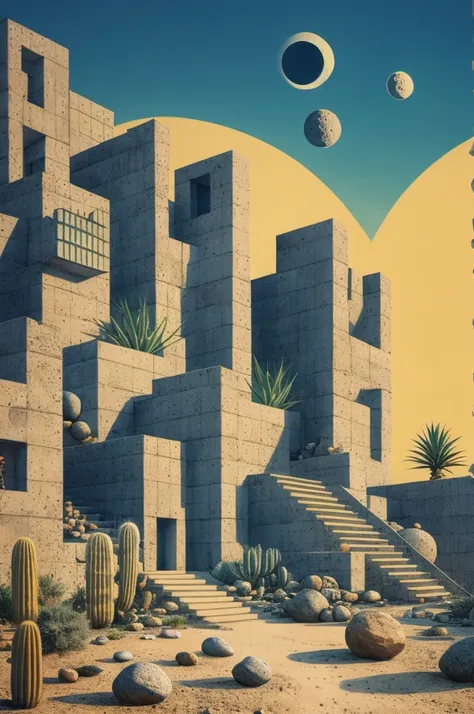 an illustration in collage style, with giant boulders, brutalist building sections, stairs, cacti, agave, concrete texture, mult...