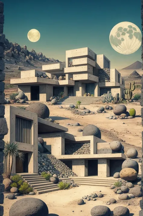 An illustration in collage style, with giant boulders, brutalist building sections, stairs, cacti, agave, concrete texture, multiple geometric shapes, hatch and cross hatching, planet saturn, volcano, moon, Luis Barragáns architectural style build