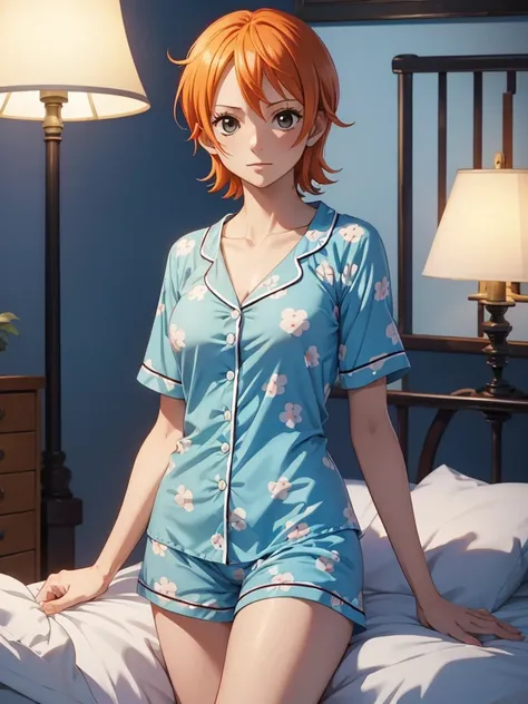 Nami from one-piece, 1women, wearing a cute night pajamas, light blue colour pajamas, at morning bed, orange colour short hair, 8k, high detailed, high quality
