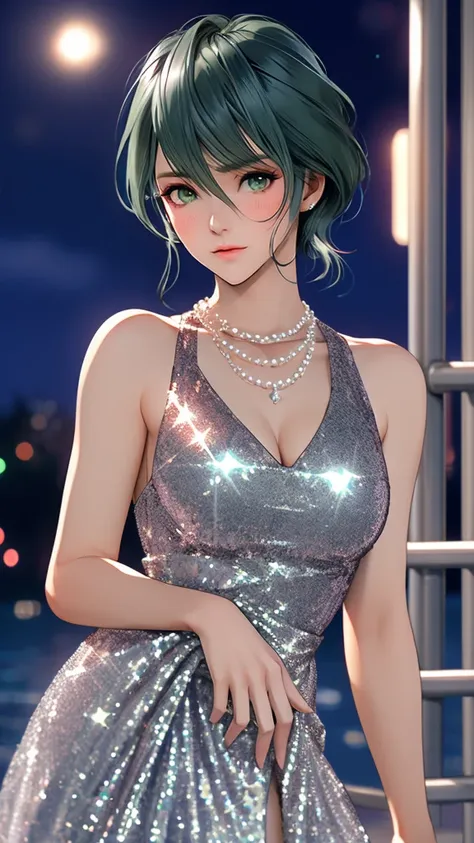 1woman, tamaki, green short hair, green eyes, hair between eyes, detailed eyes, Long eyelashes, (silver sequined dress:1.3), squinting, blush, night, Pearl Necklace, bust shot