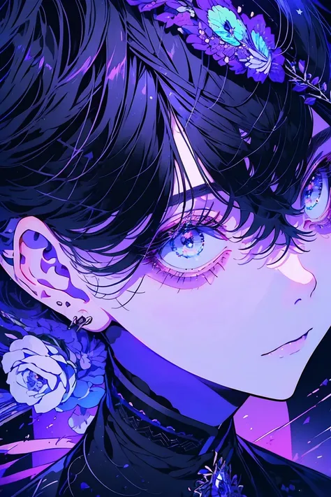 (Mastepiece), (Best Quality), Very detailed, 1 boy, Solo Shooting, Perfect Face, Beautiful Face, Very detailed顔，(Black short hair:1.3)，(Big eyes:1.4)，(Long eyelashes:1.4)、(Iris:1.3)、Lots of flowers