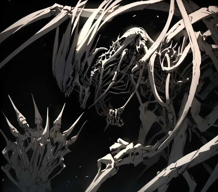 An epic fight between a girl and a skeletal cybernetic monster , With black background 