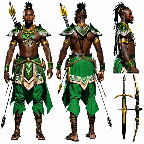 character reference sheet {realistic character design sheet of a black man with green tribal african warrior clothes holding a s...