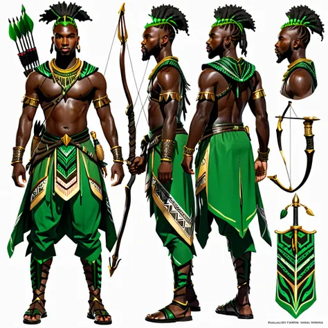 character reference sheet {realistic character design sheet of a black man with green tribal african warrior clothes holding a s...