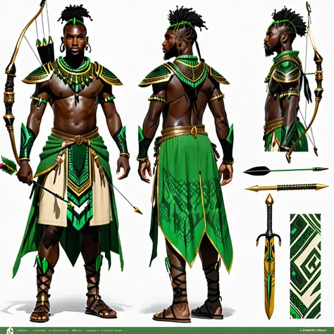 character reference sheet {realistic character design sheet of a black man with green tribal african warrior clothes holding a s...