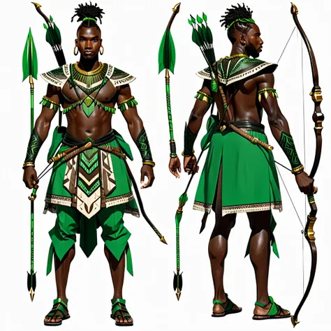 character reference sheet {realistic character design sheet of a black man with green tribal african warrior clothes holding a s...