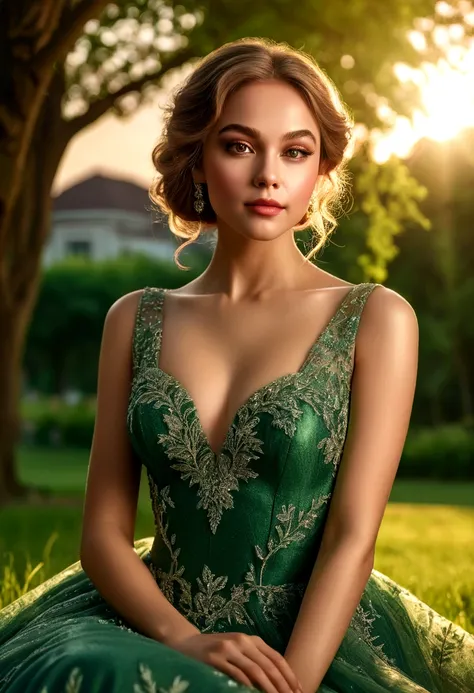 a beautiful girl in an evening dress sitting on a lush green lawn, detailed facial features, long eyelashes, glossy lips, delicate skin, intricate dress design, sunlight filtering through the trees, warm color tones, cinematic lighting, photorealistic, hig...