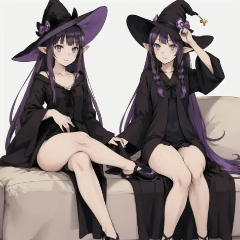 Highest quality, anime girl long purple hair wearing a black Robe. she has pointy ears. Witch Hat. Manga kawaii. iridescent ,An illustration, Sit on the sofa, (no background)