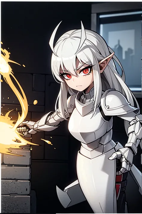 female elf knight, full body art, silver hair, white skin, red iris eye, knight full plate adorned armor, silver cape, perfectly detailed