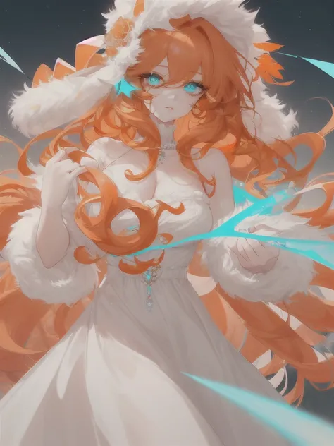 super verbose、highest quallity、soft lighting、HD 4k、 a beautiful girl、beautiful fur、long curly orange hair、Messy hair、disordered hair、orange eyelashes、diamond eyes、turquoise eyes、Beautiful  eyes、 lips、bright and low-cut white dress、spectacular view