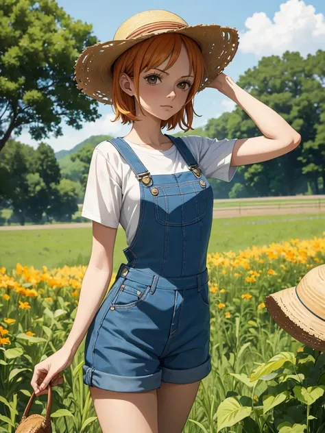 nami from one-piece, 1women, as a farmer girl, wearing farm outfit with overalls and a straw hat, at a farm field, orange colour...