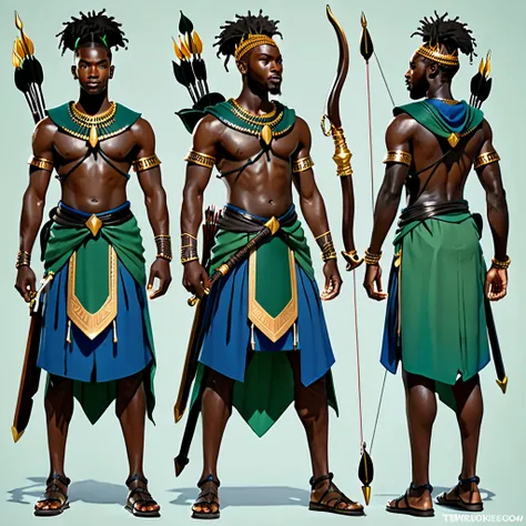 character reference sheet {realistic character design sheet of atwo black men in african warrior clothes holding sword and bow a...