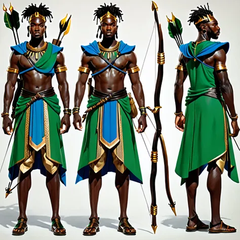 character reference sheet {realistic character design sheet of atwo black men in african warrior clothes holding sword and bow a...