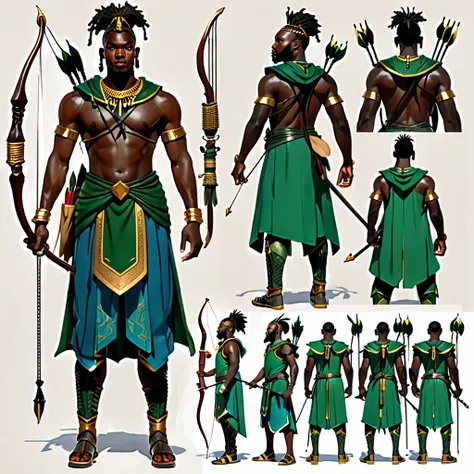 character reference sheet {realistic character design sheet of atwo black men in african warrior clothes holding sword and bow a...