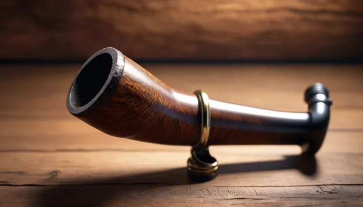 a detailed close up photograph of a pipe, high quality, 8k, hyperrealistic, photorealistic, intricate details, natural lighting, rustic wooden background, natural tobacco leaf texture, gradient shades, dramatic lighting, chiaroscuro