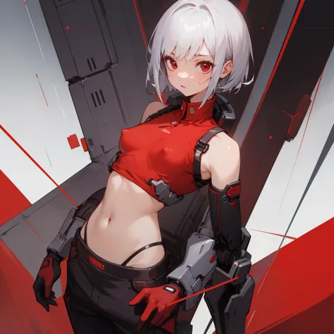 ((Highest quality)), ((masterpiece)), (Become familiar with), 1 girl, alone, Silver Hair,Brown Skin,Red eyes,Long trousers,Red sleeveless,((Red Shirt)),Clothes with a visible back, thin,thin,short hair,Small breasts, Erect nipples, gloves, cyber punk,sf