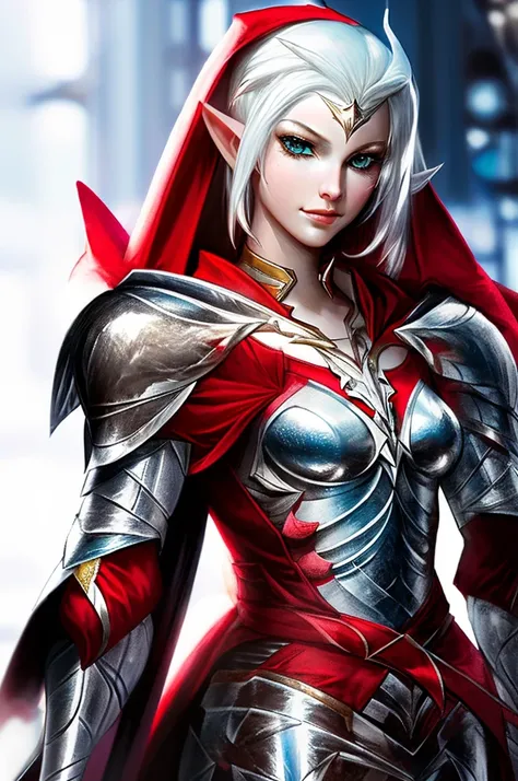 female elf knight, full body art, silver hair, white skin, red iris eye, knight full plate adorned armor, silver cape, perfectly detailed