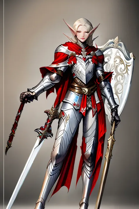 female elf knight, full body art, silver hair, white skin, red iris eye, knight full plate adorned armor, silver cape, perfectly detailed