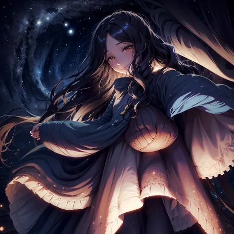 Woman with very long wavy black hair wearing a dress and smiling up. Little, surrounded by the night sky