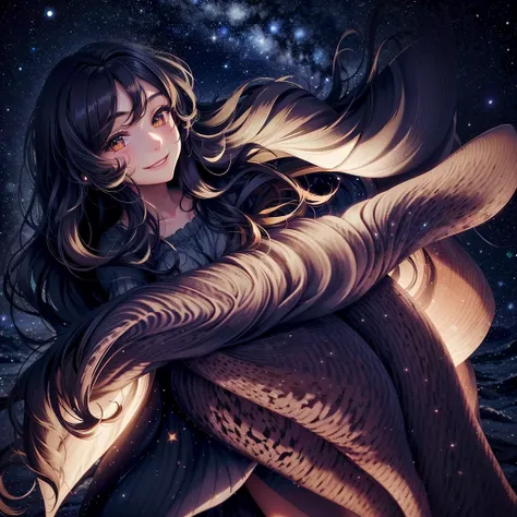 Woman with very long wavy black hair wearing a dress and smiling up. Little, surrounded by the night sky