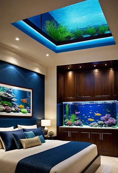 Experience a harmonious blend of nature and luxury in this bedroom adorned with a striking fish tank as its centerpiece, creating a serene sanctuary for relaxation.