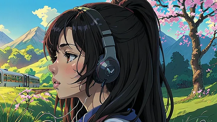 Anime girl with headphones in the train, a cherry tree in the background sam yang, 1girl, black hair, breasts, closed mouth, day, grass, headphones, lips, long hair, mountain, outdoors, profile, shadow, small breasts, solo, tree , ((masterpiece)) anime bac...