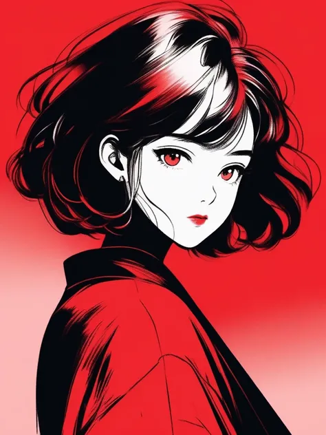 (best quality, sketch:1.2),realistic,illustrator,anime,1 girl, black and red gradient background,short red hair,textured cropping, masterpiece, style retro classic, noir style , Japanese style, ((monochrome))