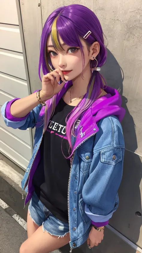 1girl jacket ,phone,multicolored hair,hairclip,bracelet,(masterpiece, high quality:1.2) 