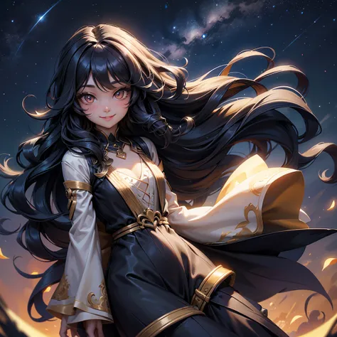 Woman with very long wavy black hair and big chest wearing a dress and smiling up. Little, surrounded by the night sky